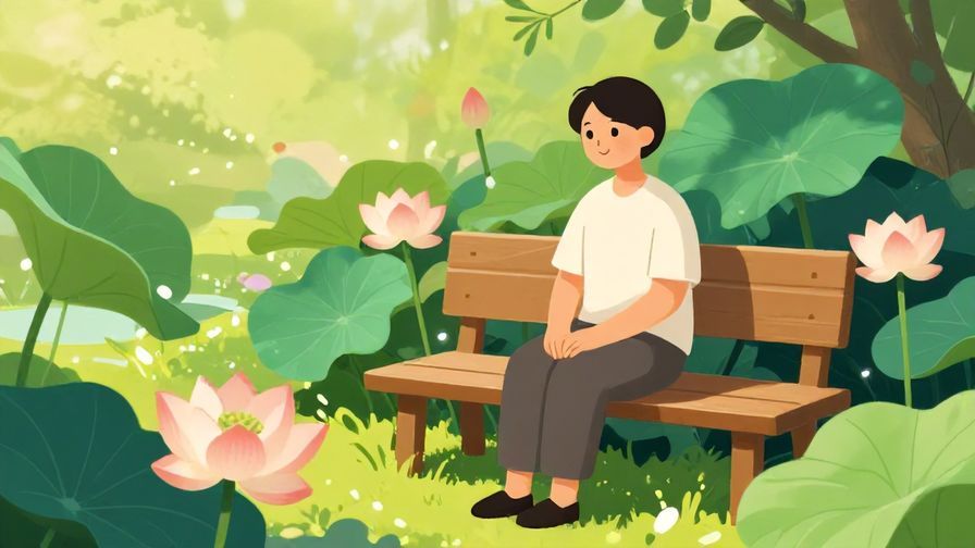 Illustration%20of%20a%20peaceful%20garden%20scene%20with%20a%20person%20smiling%20softly%20while%20sitting%20on%20a%20bench%2C%20lotus%20flowers%20and%20soft%20light%20around%20them%2C%20vibrant%20colors%2C%20illustrated%20style