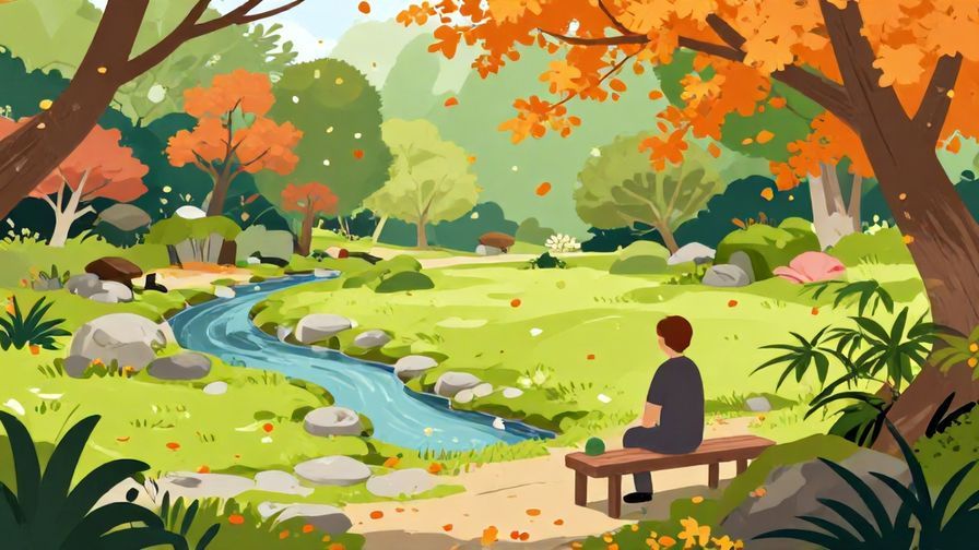 Illustration%20of%20a%20peaceful%20Japanese%20garden%20with%20soft%20falling%20leaves%2C%20a%20small%20stream%2C%20and%20a%20calm%20person%20sitting%20on%20a%20bench%2C%20vibrant%20colors%2C%20illustrated%20style