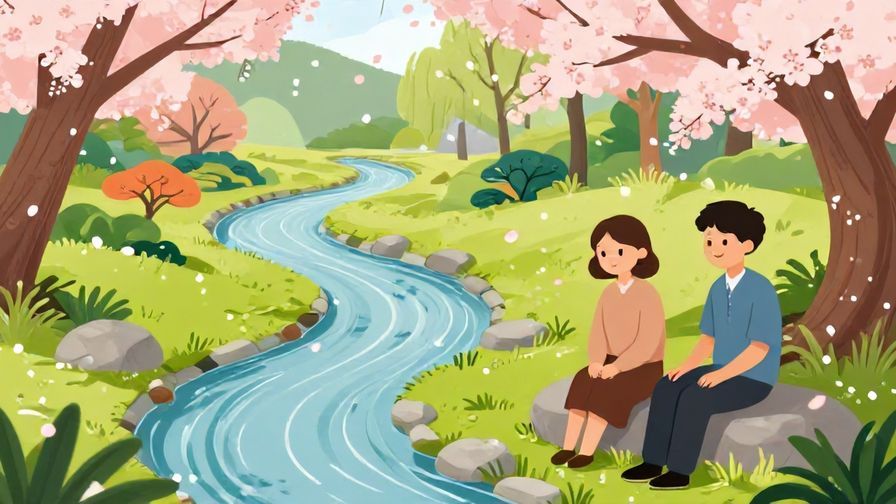 Illustration%20of%20a%20peaceful%20Japanese%20garden%20with%20a%20gentle%20stream%2C%20cherry%20blossoms%20falling%2C%20and%20two%20people%20smiling%20and%20reconciling%20calmly%2C%20vibrant%20colors%2C%20illustrated%20style