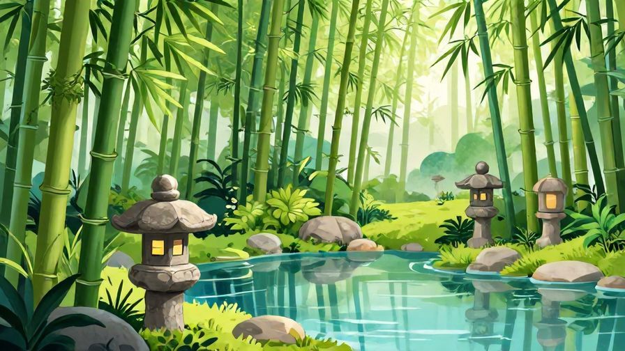 Illustration%20of%20a%20peaceful%20Japanese%20garden%20with%20bamboo%2C%20stone%20lanterns%2C%20and%20a%20calm%20pond%2C%20vibrant%20colors%2C%20illustrated%20style