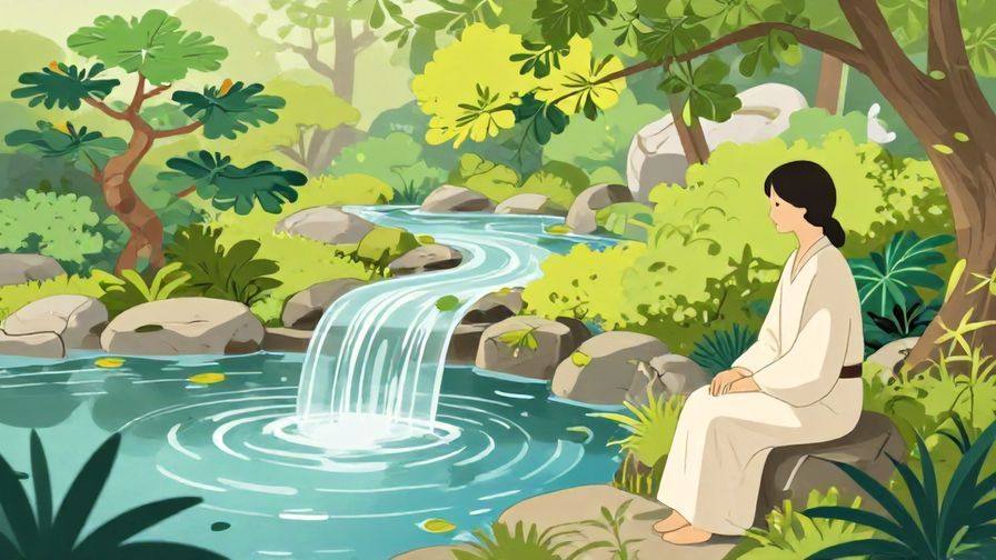Illustration%20of%20a%20peaceful%20Japanese%20garden%20with%20softly%20flowing%20water%2C%20floating%20leaves%2C%20and%20a%20calm%20person%20sitting%20serenely%20beside%20it%20in%20vibrant%20colors%2C%20illustrated%20style