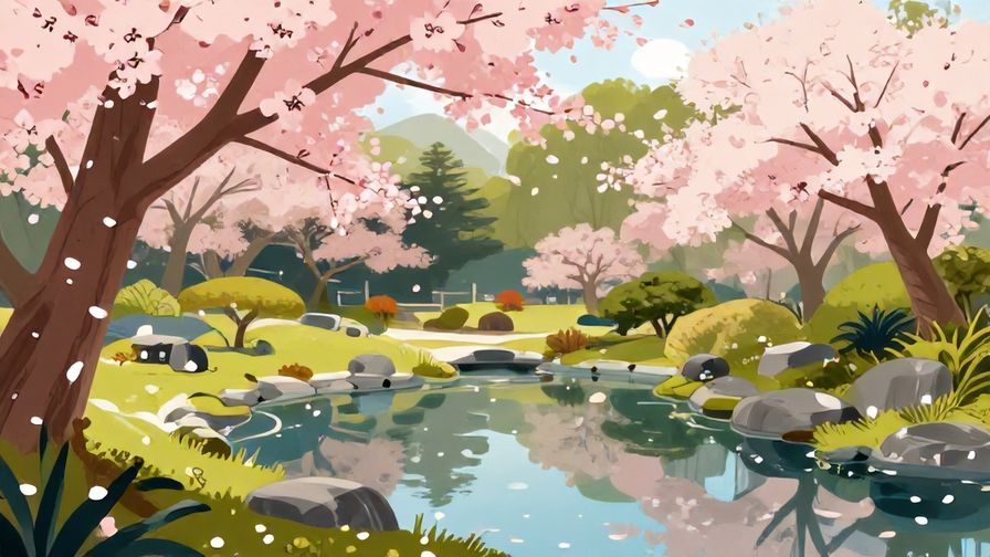 Illustration%20of%20a%20peaceful%20Japanese%20garden%20with%20soft%20light%20filter%2C%20cherry%20blossoms%20falling%2C%20and%20a%20small%20pond%20reflecting%20calm%20waters%2C%20vibrant%20colors%2C%20illustrated%20style