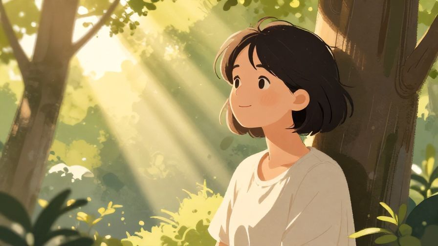 Illustration%20of%20a%20peaceful%20moment%20with%20sunlight%20streaming%20through%20trees%2C%20a%20person%20smiling%20softly%20and%20looking%20content%2C%20illustrated%20style