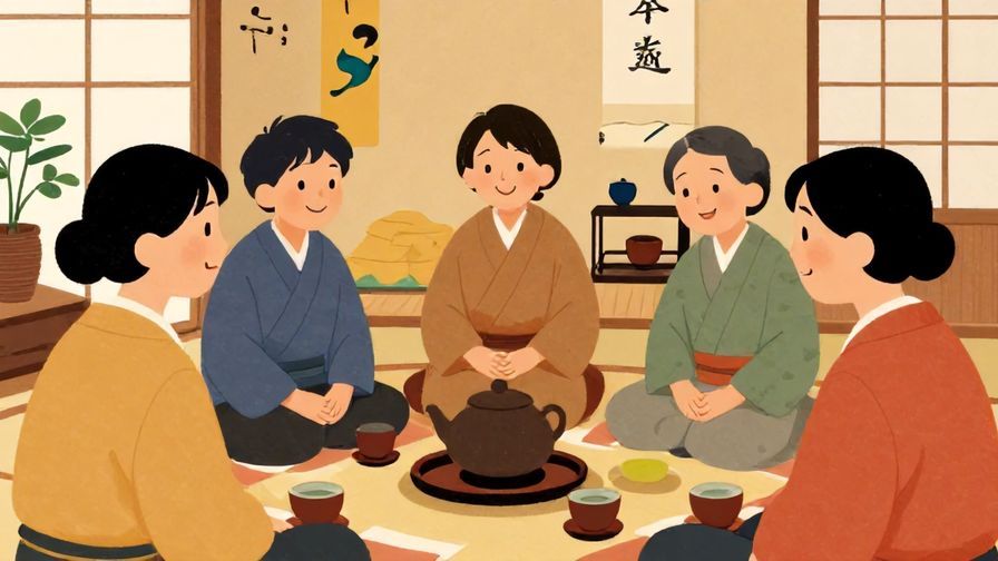 Illustration%20of%20a%20peaceful%20tea%20gathering%20with%20people%20smiling%20and%20talking%20softly%2C%20detailed%20background%20with%20Japanese%20interior%20elements%2C%20vibrant%20colors%2C%20illustrated%20style