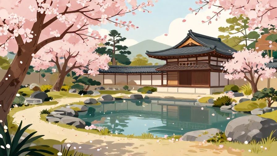 Illustration%20of%20a%20peaceful%20traditional%20Japanese%20garden%20with%20soft%20lighting%2C%20tranquil%20pond%2C%20and%20delicate%20cherry%20blossoms%20falling%20gently%20to%20the%20ground%2C%20vibrant%20colors%2C%20illustrated%20style