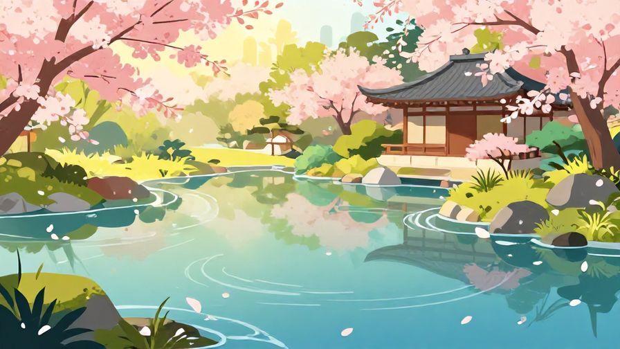 Illustration%20of%20a%20peaceful%20traditional%20Japanese%20garden%20with%20soft%20sunlight%2C%20floating%20cherry%20blossom%20petals%2C%20and%20gentle%20water%20ripples%20in%20a%20pond.%20Vibrant%20colors%2C%20illustrated%20style