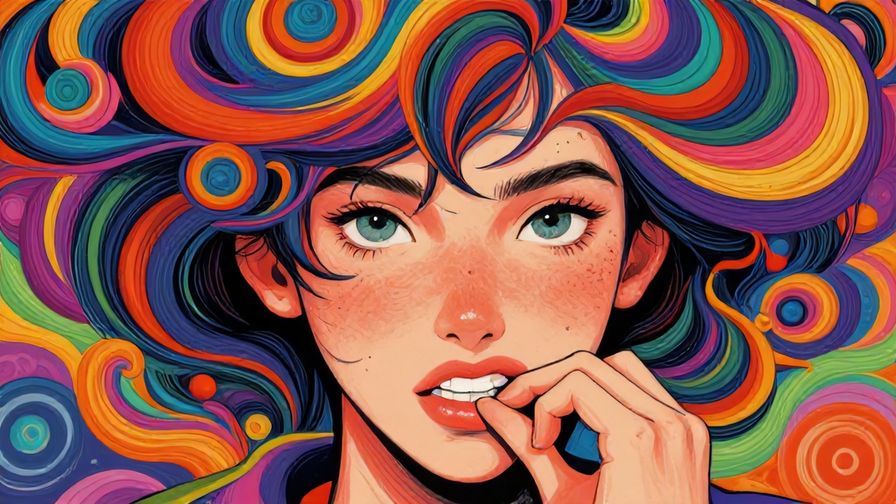 Illustration%20of%20a%20person%20biting%20their%20lip%20nervously%20with%20swirling%20colors%20around%20their%20head%2C%20detailed%20background%2C%20vibrant%20colors%2C%20illustrated%20style