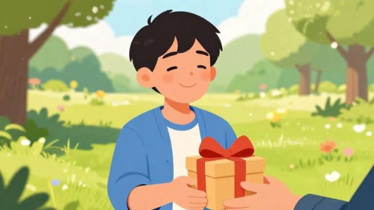 Illustration%20of%20a%20person%20blushing%20and%20smiling%20warmly%20as%20another%20hands%20them%20a%20gift%20in%20a%20sunny%20park%20scene%2C%20vibrant%20colors%2C%20illustrated%20style