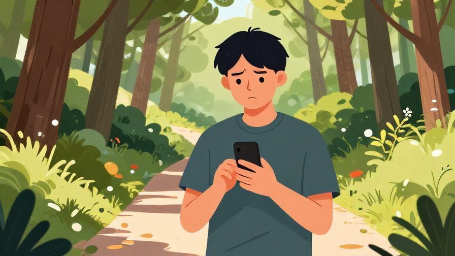 Illustration%20of%20a%20person%20checking%20a%20phone%20with%20a%20confused%20expression%20in%20a%20forest%20path%2C%20bright%20daylight%2C%20illustrated%20style