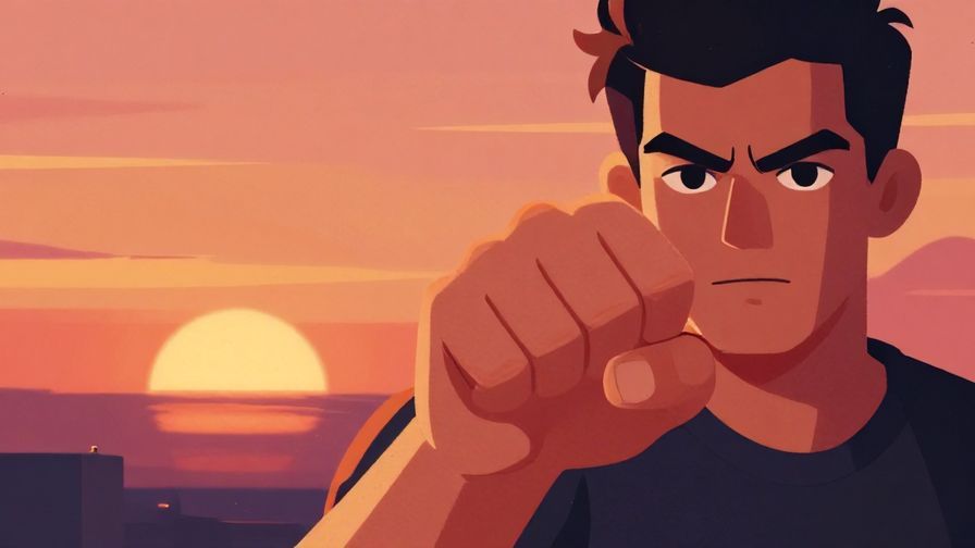 Illustration%20of%20a%20person%20clenching%20their%20fist%20with%20determined%20face%20against%20a%20sunset%20background%2C%20vibrant%20colors%2C%20illustrated%20style