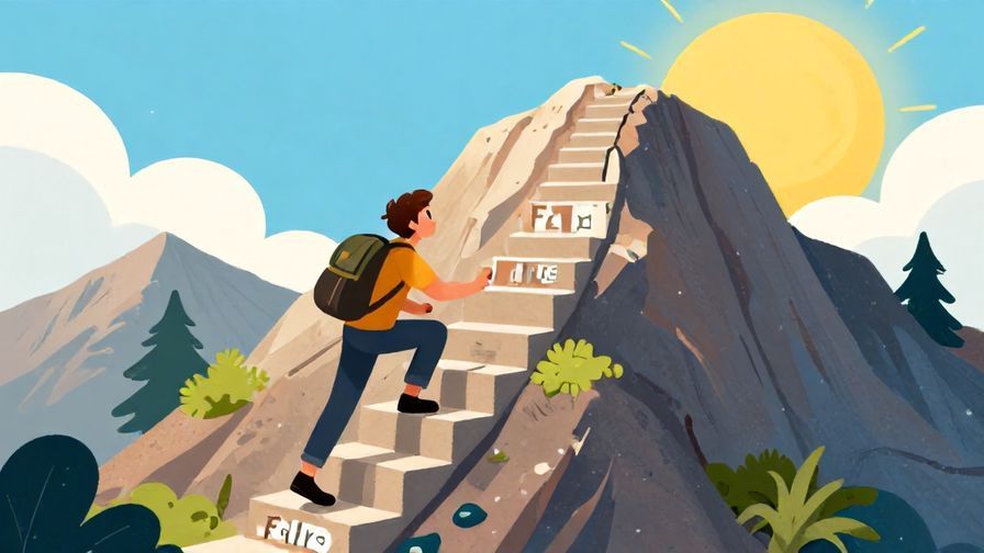 Illustration%20of%20a%20person%20climbing%20a%20mountain%20with%20steps%20marked%20as%20failures%2C%20looking%20hopeful%20towards%20the%20peak%20under%20sunshine%2C%20vibrant%20colors%2C%20illustrated%20style