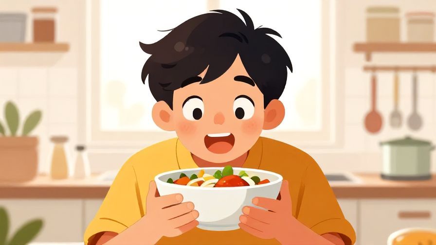 Illustration%20of%20a%20person%20excitedly%20sniffing%20a%20bowl%20of%20food%2C%20eyes%20wide%20with%20joy%2C%20bright%20kitchen%20background%2C%20vibrant%20colors%2C%20illustrated%20style