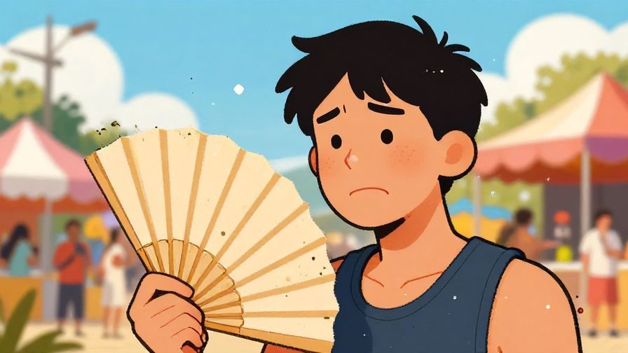 Illustration%20of%20a%20person%20fanning%20themselves%20with%20a%20thirsty%20expression%2C%20sunny%20summer%20festival%20background%2C%20illustrated%20style
