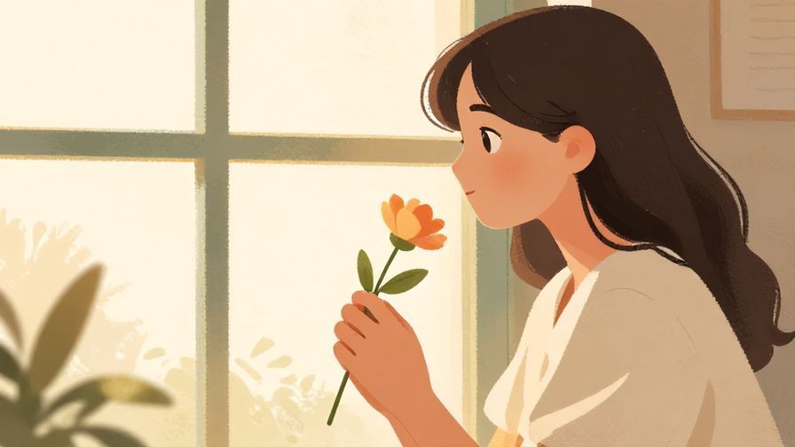 Illustration%20of%20a%20person%20gently%20holding%20a%20flower%20while%20looking%20thoughtful%20out%20a%20window%2C%20warm%20and%20soft%20colors%2C%20illustrated%20style
