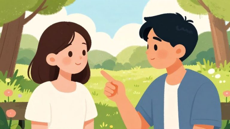 Illustration%20of%20a%20person%20gently%20pointing%20to%20another%20person%20with%20a%20soft%20smile%2C%20bright%20outdoor%20park%20setting%2C%20vibrant%20colors%2C%20illustrated%20style