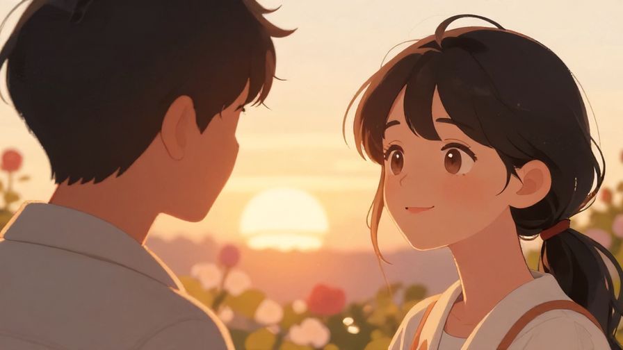 Illustration%20of%20a%20person%20gently%20smiling%20while%20looking%20at%20someone%20with%20warm%20sunset%20lighting%20and%20soft%20background%20flowers%2C%20illustrated%20style