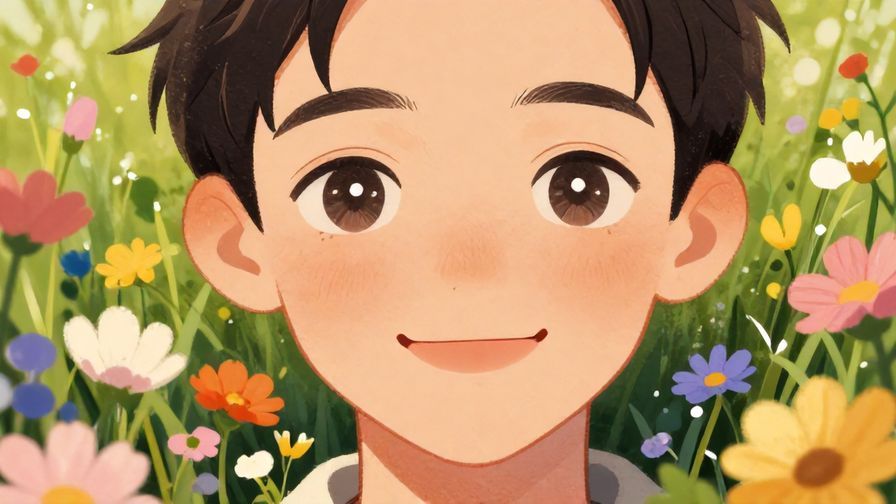Illustration%20of%20a%20person%20giving%20a%20sweet%20closed-mouth%20smile%20with%20sparkling%20eyes%20in%20a%20flower-filled%20meadow%2C%20detailed%20background%2C%20vibrant%20colors%2C%20illustrated%20style