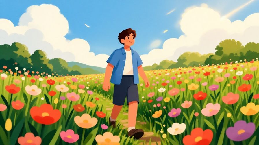 Illustration%20of%20a%20person%20going%20outside%20to%20a%20flower-filled%20field%20with%20a%20smile%2C%20vibrant%20sky%20and%20sunlight%2C%20illustrated%20style