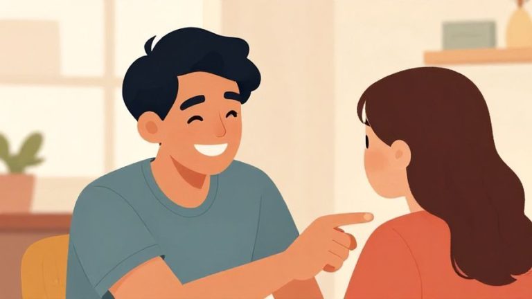 Illustration%20of%20a%20person%20grinning%20mischievously%20while playfully poking a friend’s shoulder, bright room with warm colors and lighthearted atmosphere