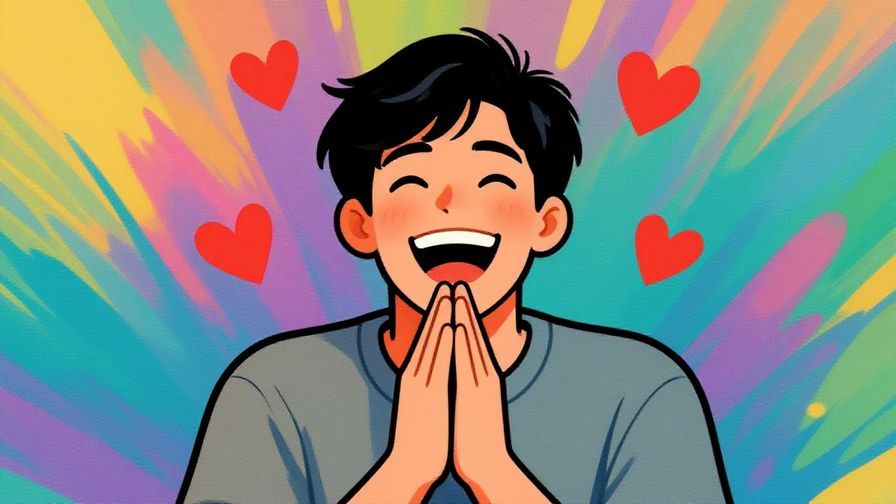 Illustration%20of%20a%20person%20grinning%20widely%2C%20clasping%20their%20hands%20in%20joy%2C%20colorful%20background%20with%20hearts%20floating%20around%2C%20illustrated%20style