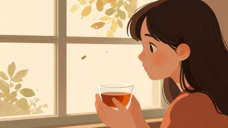 Illustration%20of%20a%20person%20holding%20a%20cup%20of%20tea%2C%20looking%20reflective%20by%20a%20window%20with%20falling%20leaves%20outside%2C%20warm%20colors%2C%20illustrated%20style