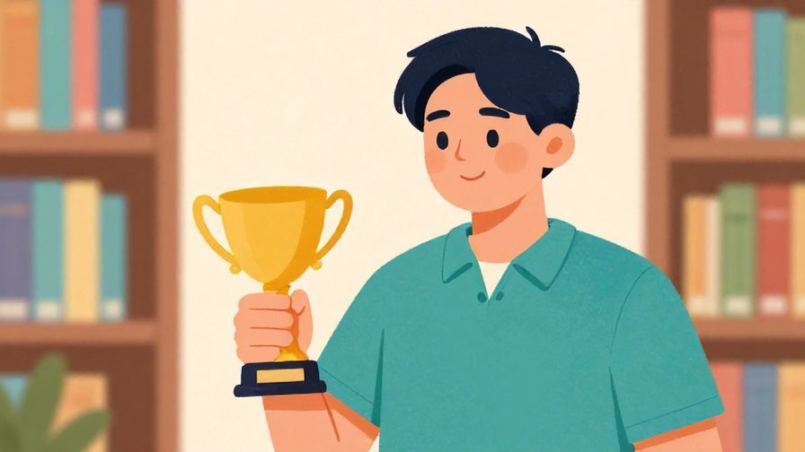 Illustration%20of%20a%20person%20holding%20a%20small%20trophy%20with%20a%20soft%20smile%20and%20a%20calm%20library%20background%2C%20vibrant%20colors%2C%20illustrated%20style