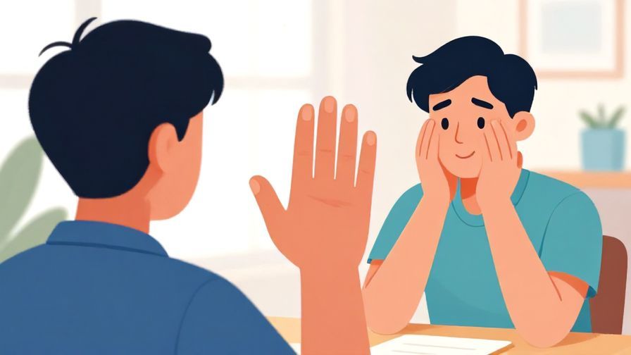 Illustration%20of%20a%20person%20holding%20up%20a%20hand%20in%20a%20stop%20gesture%20towards%20someone%20smiling%20with%20apology%2C%20bright%20room%20background%2C%20vibrant%20colors%2C%20illustrated%20style