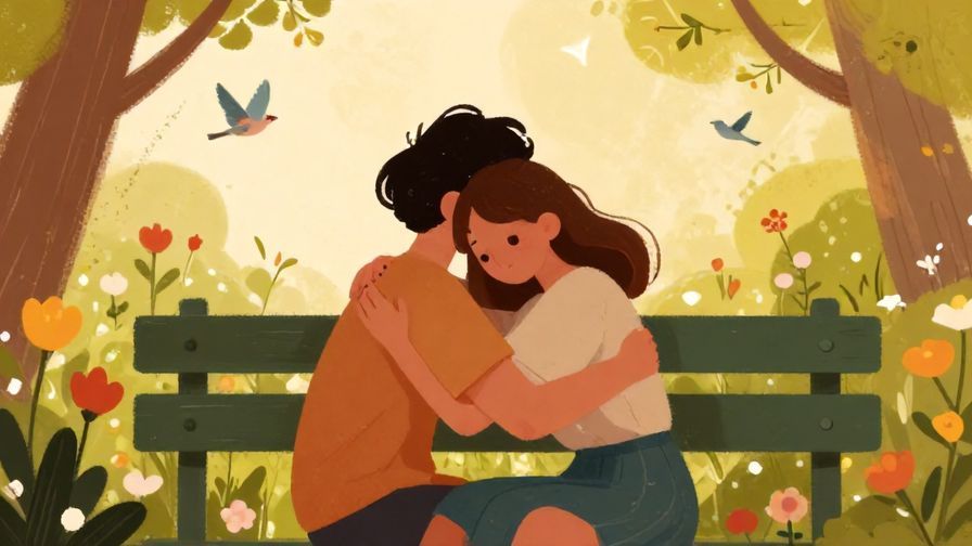 Illustration%20of%20a%20person%20hugging%20themselves%20gently%20while%20sitting%20on%20a%20bench%20in%20a%20sunny%20garden%20with%20flowers%20and%20birds.%20Warm%20colors%2C%20illustrated%20style