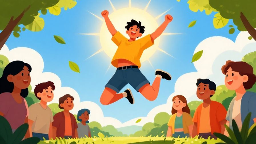 Illustration%20of%20a%20person%20jumping%20joyfully%20into%20the%20air%20with%20bright%20sunlight%20and%20floating%20leaves%20around%20them.%20Background%20includes%20a%20blue%20sky%20and%20smiling%20friends.%20Vibrant%20colors%2C%20illustrated%20style