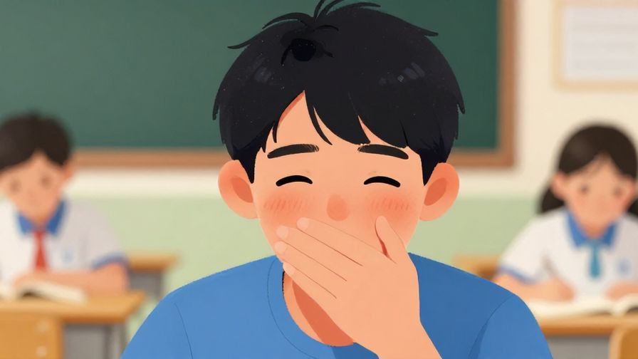 Illustration%20of%20a%20person%20laughing%20nervously%20with%20a%20hand%20covering%20their%20mouth%20and%20a%20slight%20blush%20in%20a%20school%20setting%2C%20detailed%20background%2C%20vibrant%20colors%2C%20illustrated%20style