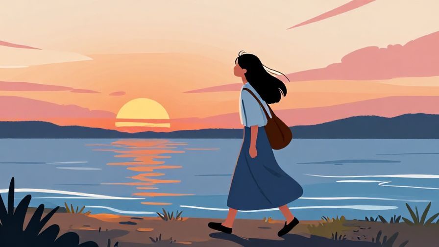 Illustration%20of%20a%20person%20looking carefree%20while%20walking%20along%20a%20river%20with%20a%20sunset%20sky%20and%20soft%20waves%20in%20the%20background.%20Vibrant%20colors%2C%20illustrated%20style