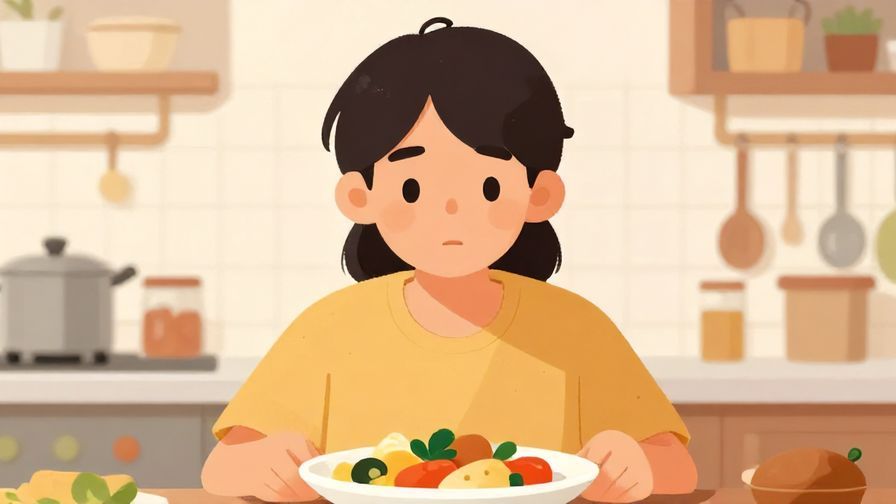 Illustration%20of%20a%20person%20looking%20at%20a%20plate%20of%20food%20with%20a%20neutral%20expression%2C%20kitchen%20background%2C%20warm%20colors%2C%20illustrated%20style