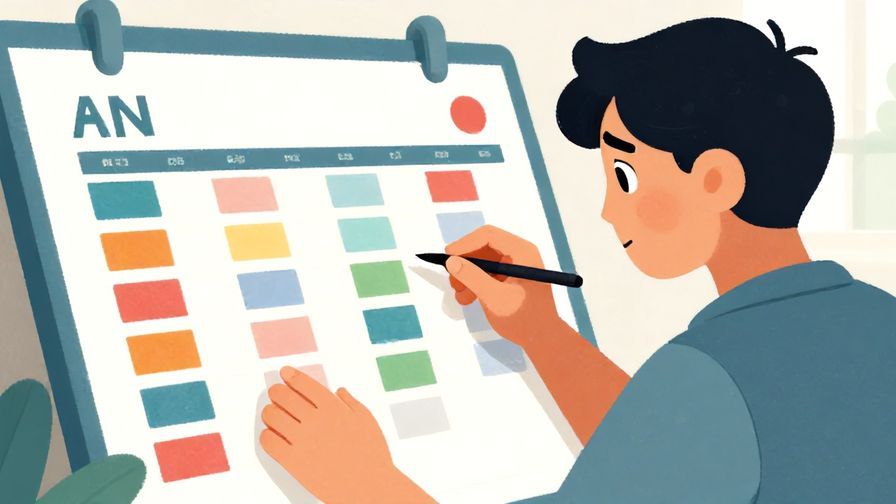 Illustration%20of%20a%20person%20looking%20at%20a%20schedule%20filled%20with%20colorful%20blocks%2C%20looking%20focused%20and%20slightly overwhelmed%2C%20bright%20colors%2C%20illustrated%20style