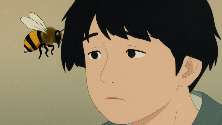 Illustration%20of%20a%20person%20looking%20sad%2C%20with%20a%20bee%20buzzing%20near%20their%20face%2C%20expressive%20and%20colorful%2C%20Japanese%20folk%20art%20style