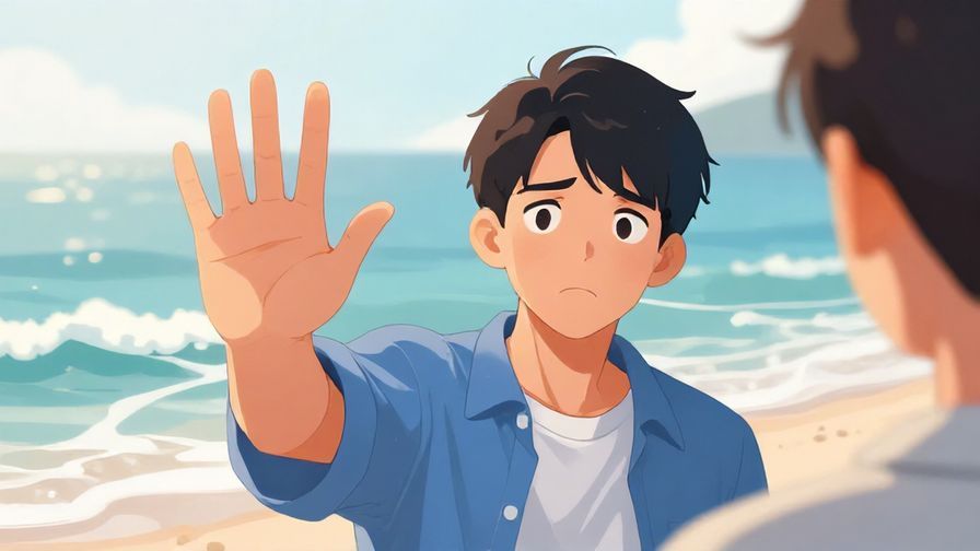 Illustration%20of%20a%20person%20looking%20slightly%20exasperated%20while%20raising%20their%20hand%20to%20stop%20someone%2C%20soft%20sunlight%20and%20gentle%20waves%20in%20background%2C%20vibrant%20colors%2C%20illustrated%20style