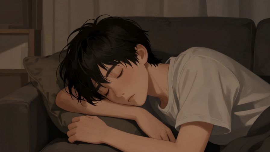 Illustration%20of%20a%20person%20lounging%20on%20a%20couch%2C%20half-asleep%2C%20with%20drooping%20eyes%20and%20messy%20hair%2C%20living%20room%20with%20dim%20light.