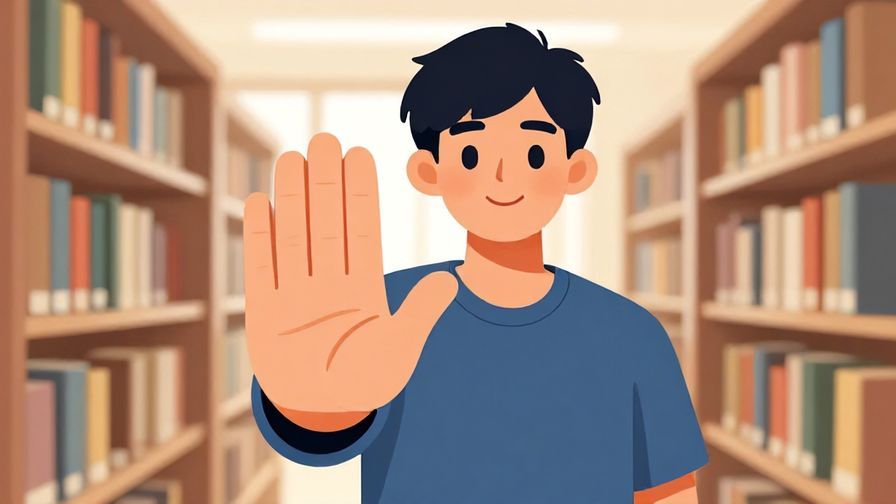 Illustration%20of%20a%20person%20making%20a%20gentle%20stop%20gesture%20with%20a%20kind%20smile%2C%20library%20setting%2C%20illustrated%20style