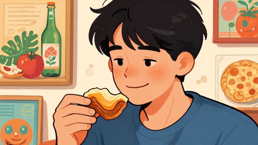 Illustration%20of%20a%20person%20making%20a%20slightly uncomfortable%20smile%20while%20holding%20food%2C%20detailed%20background%2C%20vibrant%20colors%2C%20illustrated%20style