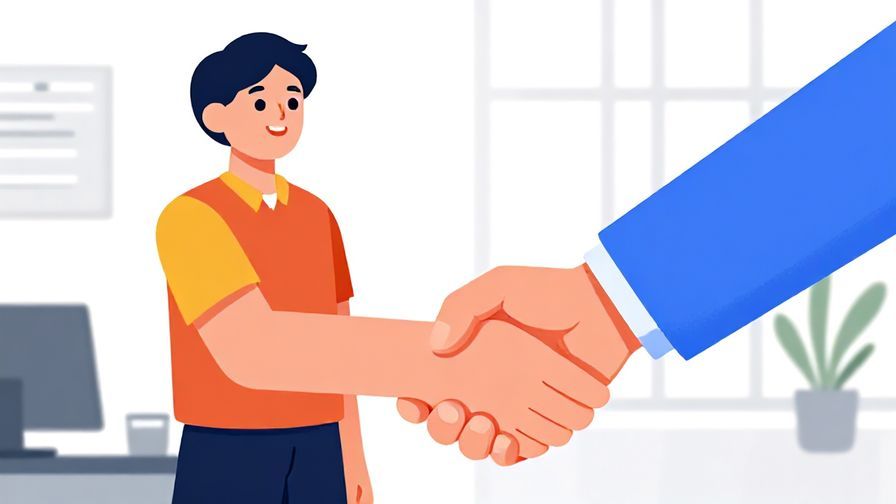 Illustration%20of%20a%20person%20offering%20a%20handshake%20with%20a%20smile%2C%20bright%20office%20background%2C%20vibrant%20colors%2C%20illustrated%20style