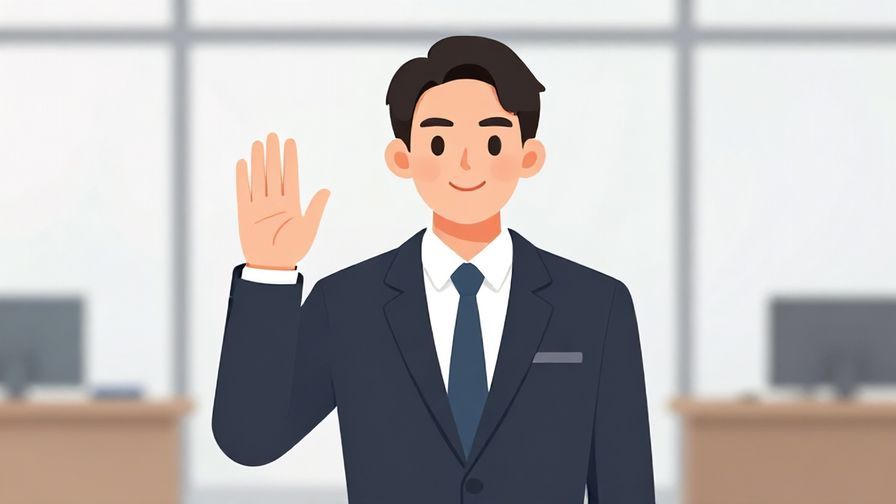 Illustration%20of%20a%20person%20politely%20raising%20a%20hand%20and%20smiling%20with%20formal%20office%20background