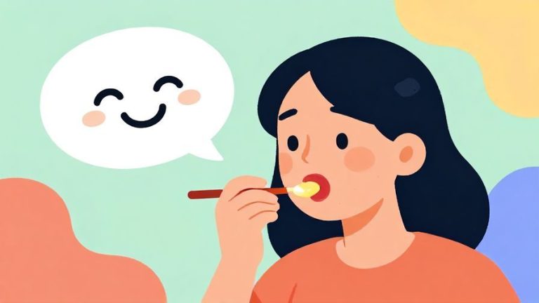 Illustration%20of%20a%20person%20pretending%20to%20eat%20a%20speech%20bubble%20with%20a%20playful%20smile%2C%20colorful%20background%20with%20soft%20shapes%2C%20illustrated%20style