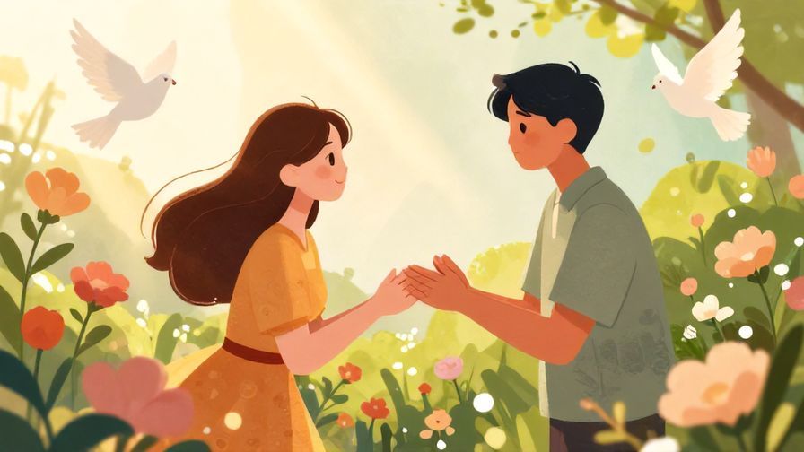 Illustration%20of%20a%20person%20receiving%20a%20compliment%20in%20a%20flower-filled%20garden%20with%20soft%20sun%20rays%20and%20doves%20flying%20in%20the%20background.%20Warm%20colors%20and%20illustrated%20style