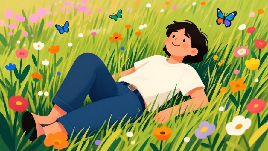 Illustration%20of%20a%20person%20relaxing%20in%20a%20sunlit%20field%20with%20a%20content%20smile%2C%20butterflies%20and%20flowers%20around%20them%2C%20vibrant%20colors%2C%20illustrated%20style