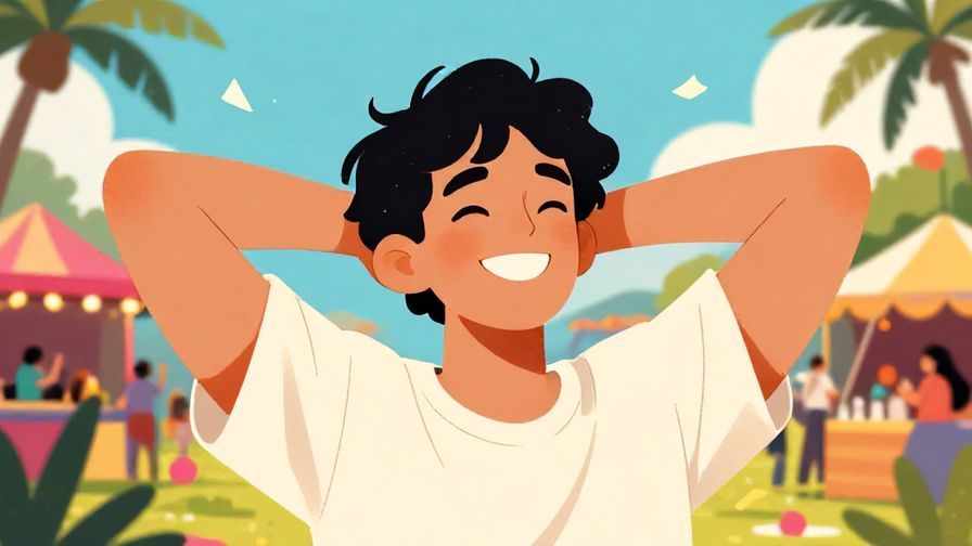Illustration%20of%20a%20person%20relaxing%20with%20hands%20behind%20head%2C%20grinning%2C%20summer%20festival%20background%2C%20vibrant%20colors%2C%20illustrated%20style