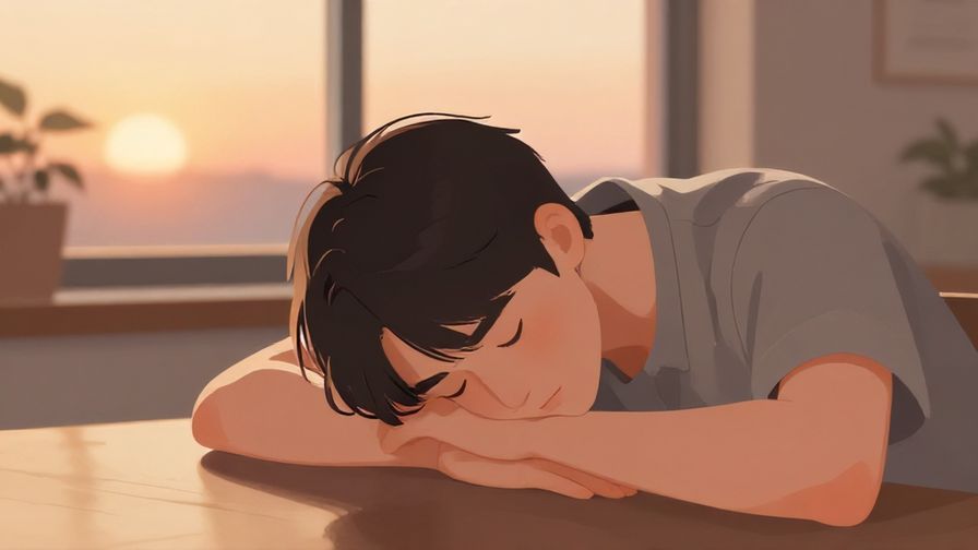 Illustration%20of%20a%20person%20resting%20their%20head%20on%20their%20hands%20at%20a%20table%2C%20looking%20peaceful%20but%20tired%2C%20window%20showing%20sunset%20outside.