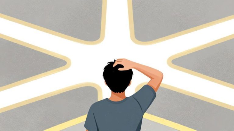 Illustration%20of%20a%20person%20scratching%20their%20head%20while%20looking%20at%20a%20street%20corner%20with%20multiple%20paths%20splitting%20off%2C%20bright%20daylight%2C%20illustrated%20style