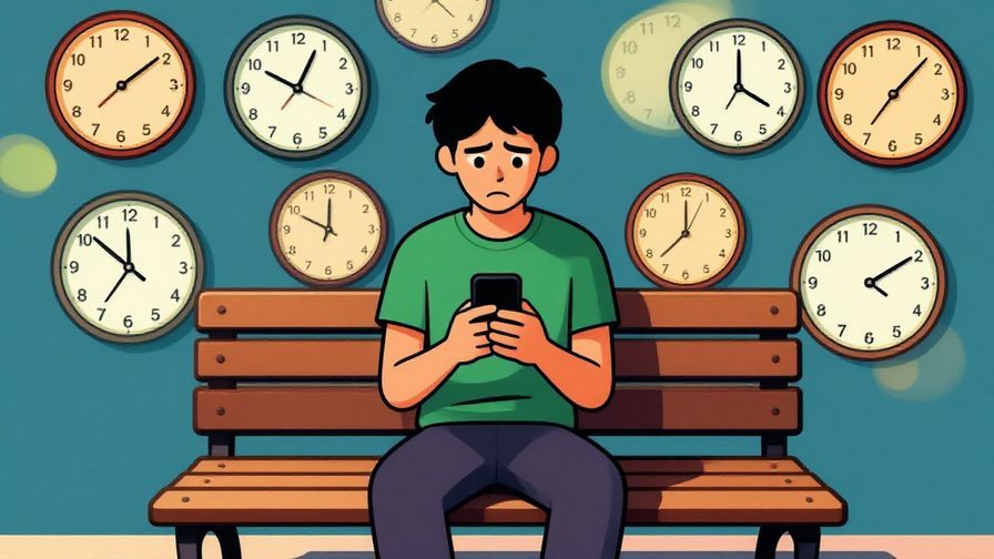 Illustration%20of%20a%20person%20sitting%20on%20a%20bench%2C%20looking%20at%20their%20phone%20with%20a%20frustrated%20expression%2C%20surrounded%20by%20fading%20clock%20faces%20symbolizing%20time%20dragging%20on%2C%20vibrant%20colors%2C%20illustrated%20style