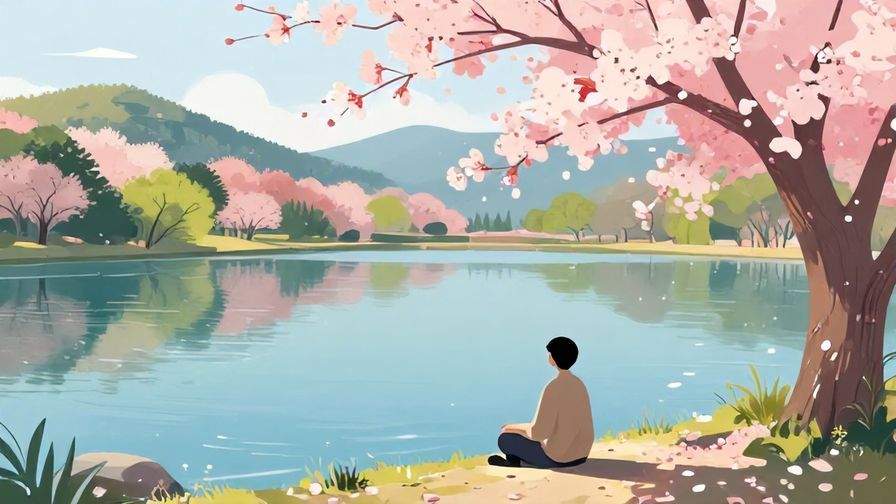 Illustration%20of%20a%20person%20sitting%20peacefully%20by%20a%20quiet%20lake%20surrounded%20by%20cherry%20blossoms%20and%20soft%20sunlight%2C%20illustrated%20style%2C%20vibrant%20colors%2C%20stylized%20textures