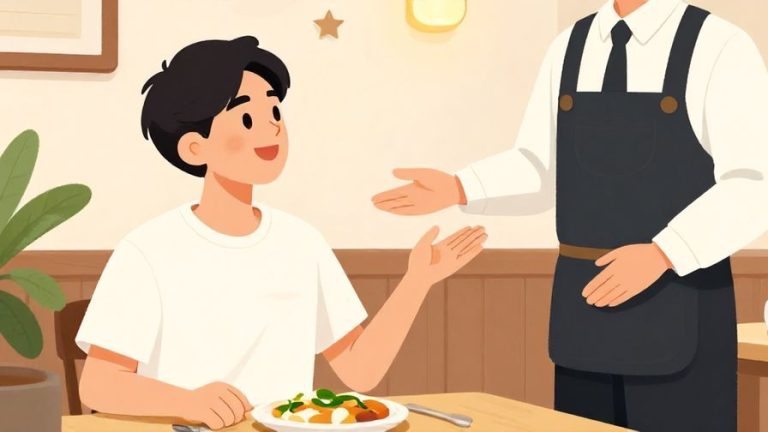 Illustration%20of%20a%20person%20smiling%20and%20gesturing%20politely%20towards%20a%20waiter%20in%20a%20cozy%20restaurant%20setting%2C%20bright%20colors%2C%20illustrated%20style