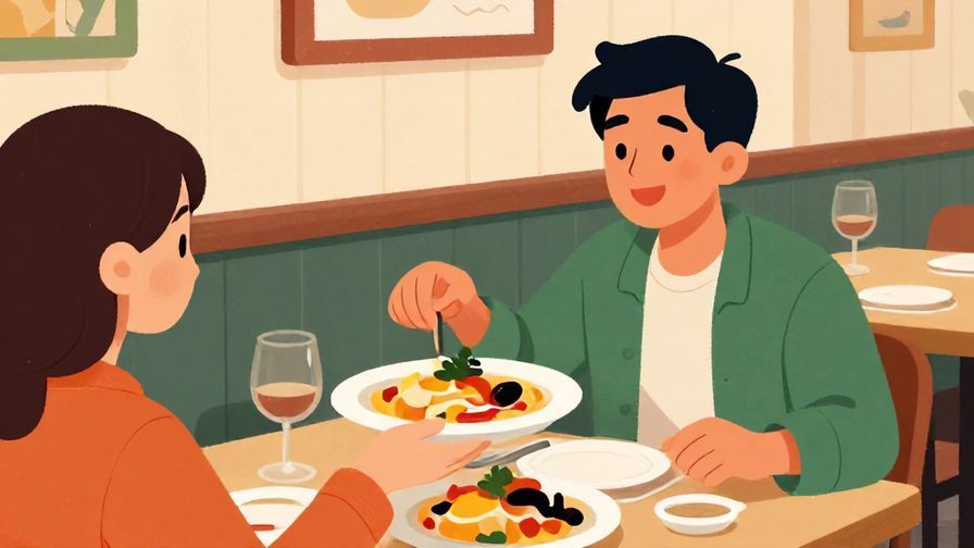 Illustration%20of%20a%20person%20smiling%20and%20gesturing%20to%20a%20friend%27s%20dish%20while ordering%20in%20a%20restaurant%2C%20cozy%20ambience%2C%20vibrant%20colors%2C%20illustrated%20style